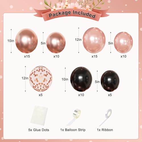 Rose Gold and Black Birthday Decorations for Women Girls, Pearl Metallic Rose Gold Black Foil Confetti Balloons Happy birthday Banner Gold Butterfly Fringe Curtains for Birthday Party Women Girls - Thumbnail 2