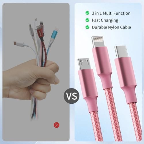 Multi Charging Cable,(2Pack 4FT) 3 in 1 Charging Cable for Multiple Devices, Nylon Braided Universal Charger Phone Charger Cord with Type-C,Micro USB,IP Port for iPhone16/15 Series/Phone&Pad-Pink - Thumbnail 3