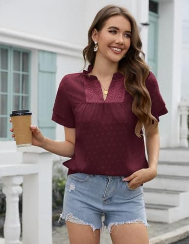 Aprolive Women Dressy V Neck Blouses Butterfly Ruffle Short Sleeve Shirts Cute Dressy Swiss Dot Trendy Tunic Top (Burgundy, XXL) - Thumbnail 5