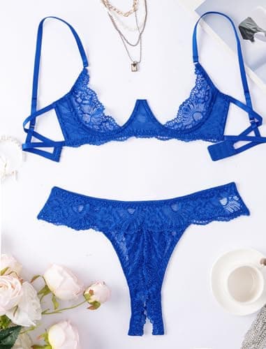 Avidlove Sexy Lingerie Set for Women Lace Bra and Panty Sets Underwire Push Up Lingerie Royal Blue S - Thumbnail 2