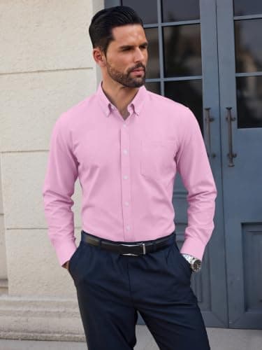 GIANZEN Pink Dress Shirt for Men Button Up Light Mens Shirts Long Sleeve Men's Down Oxford Collared Casual Big and Tall Pink Size L - Thumbnail 3