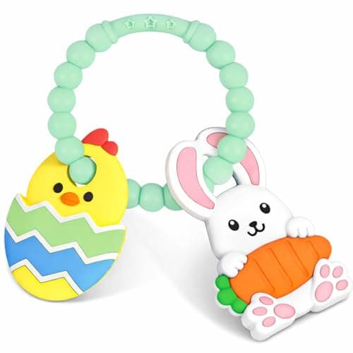 Easter Teething Ring for Baby, Bunny Carrot & Chick Egg Silicone Teether Bracelet, Sensory Chew Toys for Newborns & Infants 3–12 Months, Easter Basket Stuffers for Toddlers, Baby First Easter Gift