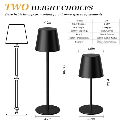Kakanuo Cordless Table Lamp Rechargeable Black - KK 2 Pack 5000mAH Battery Operated Lamp for Counter, 3 Color Stepless Dimming Wireless Lamp for Dining Kitchen, Outdoor Patio, Touch Control - Thumbnail 6