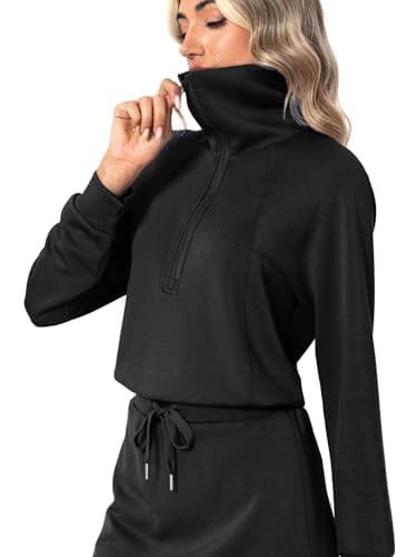 Casly Lamiit Skirt Sets Women 2 Piece Outfits Athletic Half Zip Sweatshirt Tennis Skort Sweatsuit Trendy Fall Lounge Active Casual Clothing Black XL - Thumbnail 2