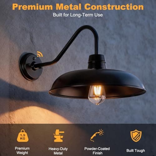 FILIYANO Dusk to Dawn Outdoor Gooseneck Barn Light, 12 Inch 2-Pack Farmhouse Porch Lights, Vintage Black Anti-Rust Lantern with E26 Base for Porch Side Door Fence - Thumbnail 5