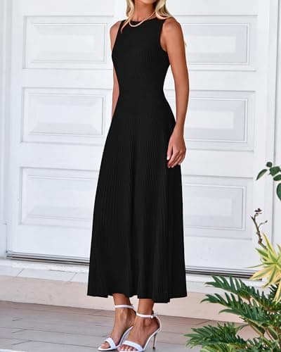 BTFBM Women Tank Midi Dress Summer Crewneck Sleeveless Pleated A Line Business Casual Formal Sweater Spring Dresses 2026(Black, Small) - Thumbnail 6