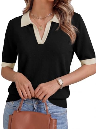GKBK Short Sleeve Sweater for Women Polo Shirts V Neck Wool Blend Knit Tops Lightweight Sweaters Business Casual Outfits 2026 Summer Fashion Trendy Black White - Image 1