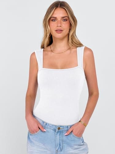 ANRABESS Bodysuits for Women Summer Ribbed Knit Sleeveless Square Neck Tank Tops Slim Fitted Going Out Vacation Outfits White Large - Thumbnail 6