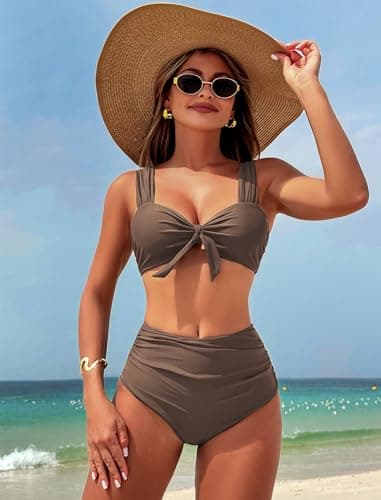 ZAFUL Bikini Sets for Women Push Up Tie Knot Cute Two Piece Tummy Control Swimsuits High Waisted Bathingsuits for Women Over 50 Push Up Bikini Top Coffee Brown L - Thumbnail 2