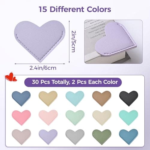 Yuwiiuuo 30 Pcs Leather Heart Bookmarks for Women, Cute Book Marks for Reading, Ideal Gift for Home, Office, School Reading Supplies(15 Colors) - Thumbnail 2