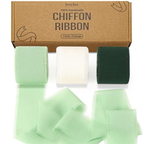 Chiffon Ribbon, 1.5in x 3 Rolls Total 24yd Handmade Chiffon Silk Ribbons Fringe & 15 Cards for Gift Wrapping, DIY Crafts Flower Bouquet Baby Shower Wedding Decorations - Image 1
