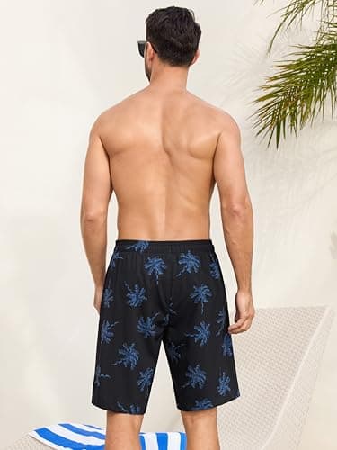 SILKWORLD Mens Swimming Trunks with Compression Liner 2 in 1 Quick-Dry 9" Swim Shorts with Zipper Pockets, Black Coconut Tree, X-Large - Thumbnail 3