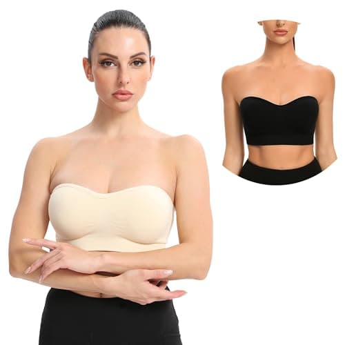 Gnowann Strapless Bras for Women Non-Slip Silicone Bandeau Bralette Seamless Wireless Strapless Bra Padded Tube Top Black+Beige S - Image 1