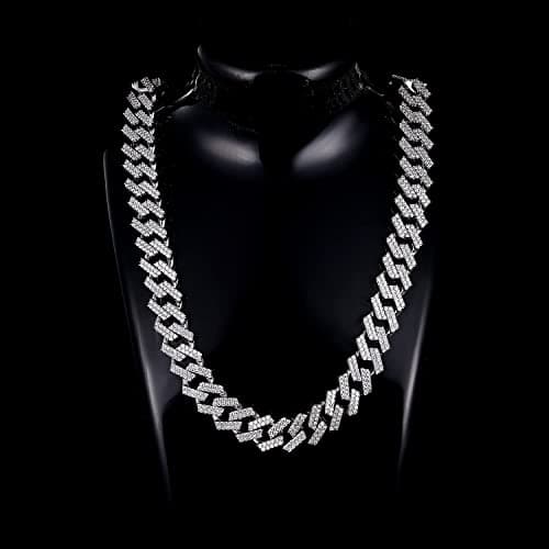 Gemsme Full Iced Out Cubic Zirconia Cuban Link Chain Hip Hop 18K White Gold Plated Miami Cuban Link Chain Necklace for Men Women (22 Inch) - Thumbnail 6