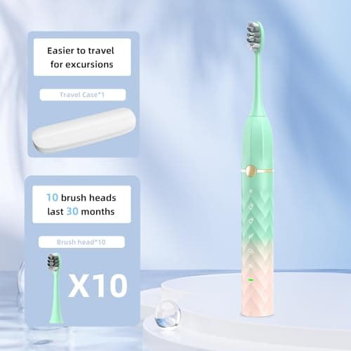 Sonic Electric Toothbrush Set, Equipped with 10 Brush Heads and Travel Case, IPX8 Waterproof, 2-Minute Timer, 42000 High-Frequency Vibrations, 5 Modes, The First Choice for Gift Giving, Green Pink - Thumbnail 2