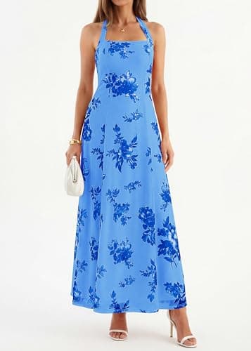 KIRUNDO Women's Summer Sleeveless Halter Floral Maxi Dress 2026 Beach Wedding Guest Cocktail Mesh Flowy A Line Long Sundress(Blue, Large) - Thumbnail 4