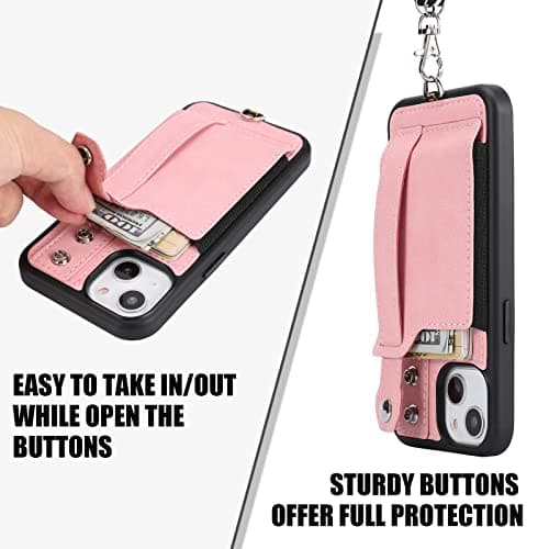 TOOVREN Phone Cover for iPhone 14 Wallet Case with Card Holder PU Leather fits iPhone 14 Case Wallet with Stand Detachable Phone Lanyard Neck Strap Case for Women & Men 6.1-Inch Pink - Thumbnail 5