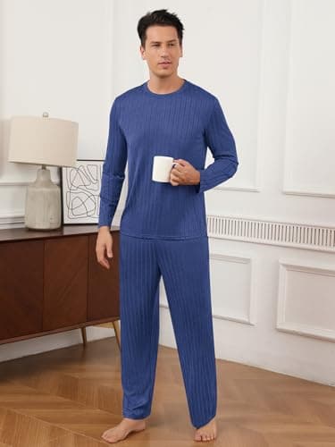RQP Men's Pajama Sets Long Sleeve Crew Neck Lounge Set with Pockets,Dark Blue - Thumbnail 4