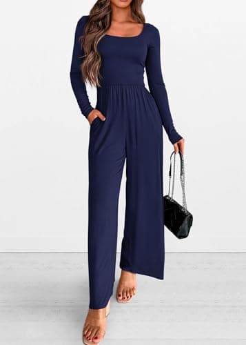 KIRUNDO Long Sleeve Jumpsuit for Women 2026 Spring Outfits Summer One Piece Square Neck Wide Leg Pants Romper With Pockets(Navy, X-Large) - Thumbnail 6