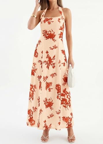 KIRUNDO Women's Summer Sleeveless Halter Floral Maxi Dress 2026 Beach Wedding Guest Cocktail Mesh Flowy A Line Long Sundress(Apricot, XX-Large) - Thumbnail 5