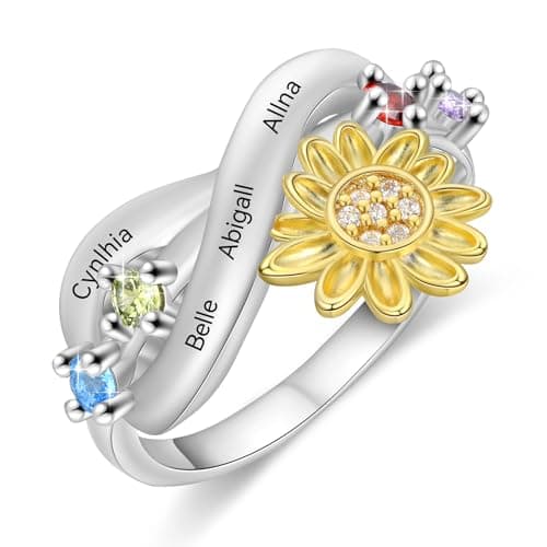 Personalized Mothers Ring with 2-4 Birthstones, Custom Name Sunflower Ring for Women Engagement Wedding Promise Birthstone Ring Mothers Day Christmas Birthday Gifts for Mom Grandma Wife (Sliver-4Stones, 10) - Image 1