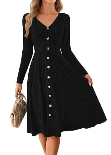 Lazysmile Long Sleeve Fall Winter Dresses for Women V Neck Button Down A Line Swing Casual Knit Sweater Dress Black - Image 1