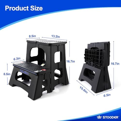 STOODER Folding 2-Step Stool - Upgraded Stable A-Frame, Safety Lock, Anti-Slip Rubber Feet, 300lb Capacity, No Assembly - 8" 17" Step Stools for Kitchen, Bathroom, Bed, RV, Home, Office (Black) - Thumbnail 6