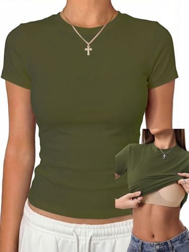 Danysu Workout Tops for Women with Built in Bra Short Sleeve Cotton Basic Jersey Tee Compression Shirts 2026 Army Green X-Large - Image 1