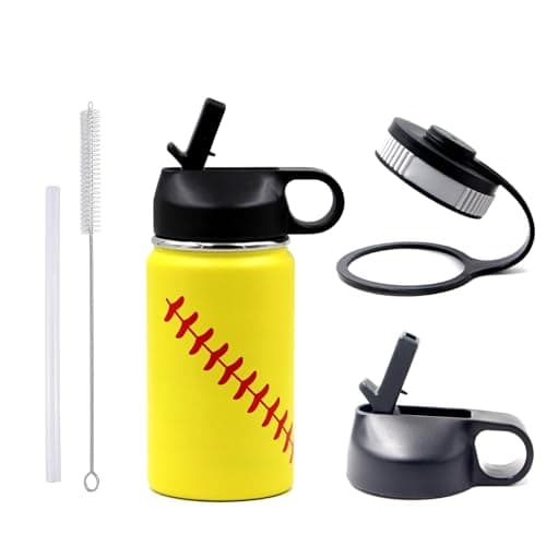 12 oz Softball Water Bottle, Stainless Steel Vacuum Insulated Water Bottle with Straw and 2 Lids, Double Wall Leakproof Sports Flask, Softball Gifts for Girls, Kids, Players - Image 1