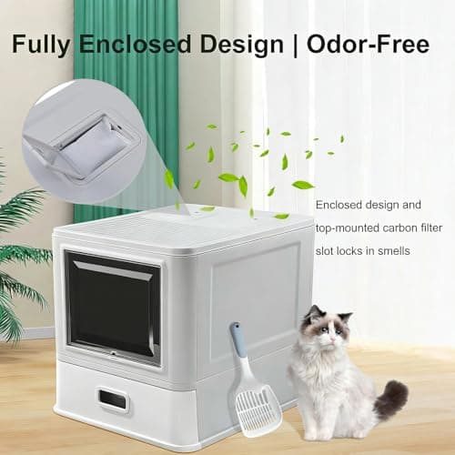 Marchul Enclosed Stainless Steel Cat Litter Box XL with Lid & Deeper Drawer Design for Indoor Cats, Metal Covered Litter Box, Baffles for Anti-Leakage, with Litter Scoop & Litter Mat - Thumbnail 4