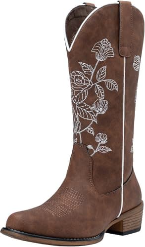 Jeossy Women's Cognac Cowboy Mid Calf Boots, Cute Boot with Embroidery Flower, Low Heel Western Cowgirl 9807 Boot, Comfy Riding Round Toe Boots with Side Zipper, Size 7.5 US(DJY9807 Cognac 07.5)