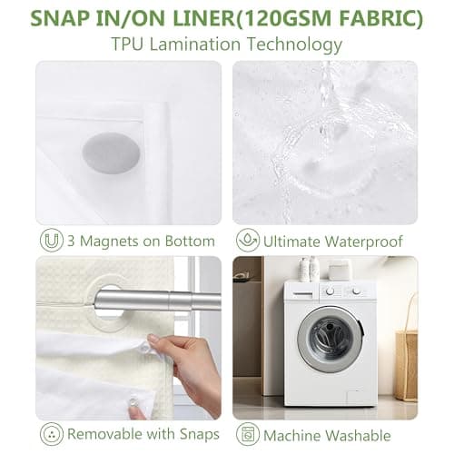 PILOTSHARK No Hook Waffle Weave Shower Curtain with Snap-in Fabric Liner,256GSM Heavy Duty Fabric Shower Curtain Set,Cream Waterproof Washable Luxury Shower Curtain for Bathroom Stall (72x75 Inch) - Thumbnail 5