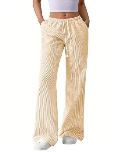 BTFBM Striped Wide Leg Pants for Women Spring Summer 2026 Drawstring Lounge PJ Beach Bottoms Casual Trousers Pockets(Yellow, Medium) - Image 1
