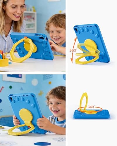 ProCase Kids Case for iPad A16 11th Gen/iPad 10th Gen 10.9 inch/iPad Air 11 inch M4 M3 M2/ Air 5th/ Air 4th, Shockproof Cover with Pencil Holder, Ring Stand Handle, Shoulder Strap -Blue & Yellow - Thumbnail 4