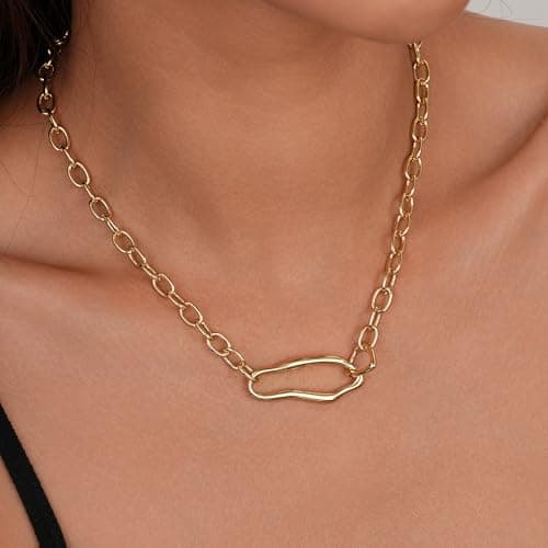 Sylph 18K Gold Plated Chunky Oval Pendant Necklaces, Simple Gold Link Flat Cable Chain Necklaces Paperclip Choker Statement Jewelry Gifts for Women - Thumbnail 6