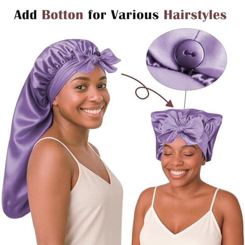 Women's Silky Bonnet - Long Tie Sleep Cap, Curly/Natural Hair, Adj. Night Hat, +10 Scrunchies, Mom/Wife - Thumbnail 2