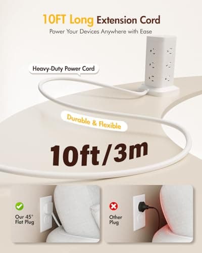 Power Strip Tower with Surge Protector 1800J, Fast Charging Tower PD20W USB-C Ports with 12 AC Outlets, 10ft Extension Cord for Home Office Dorm Room, White - Thumbnail 2