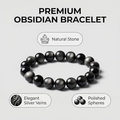 ANNIE WU Natural Silver Sheen Obsidian Bracelet for Women Men, Genuine Black Obsidian Beaded Bracelet, Healing Crystal Protection Bracelet, Polished Gemstone Stretch Bracelet, Gift Box Included - Thumbnail 2