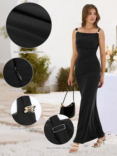 ZAFUL Long Black Dress Women's Sexy Wedding Guest Dress Formal Sleeveless Cocktail Floral Mesh Ruched Bodycon Maxi Party Long Dresses - Thumbnail 4