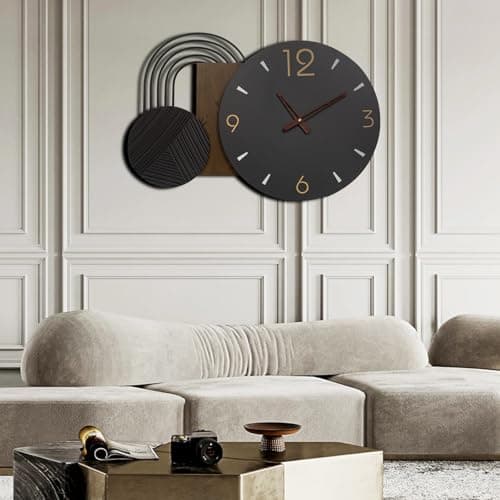 Anmotpe Wall Clock Modern Battery Operated Black Big Clocks Metal& Wood Retro Style Large Wall Watch Metal Walnut Dial Wall Clock Perfect for Modern Home,Office 26inchX18inch - Thumbnail 3