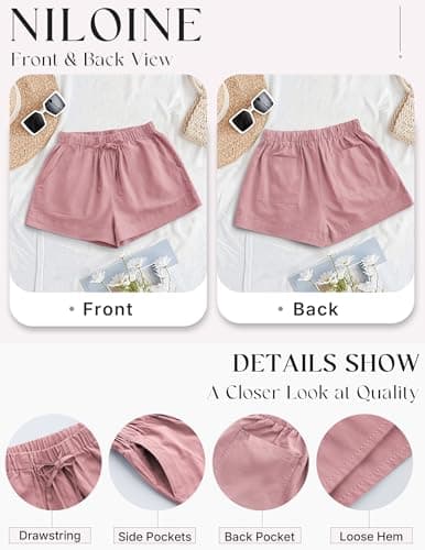 NILOINE 2025 Womens Summer Drawstring Shorts Solid Elastic Waist Casual Beach Shorts Pull On Short Pants with Pockets(1-Pink,Medium) - Thumbnail 5