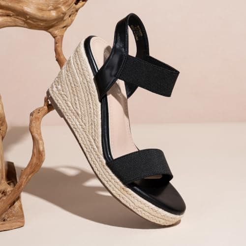 Jeossy Women's Espadrille Wedge Black Sandals Comfortable Platform 3.5 Inch Wedges Heel with Arch Support, Summer 8801 Sandals for Beach, Wedding, Casual & Dressy Wear, Size 9.5(DJY8801 Black 09.5) - Thumbnail 3