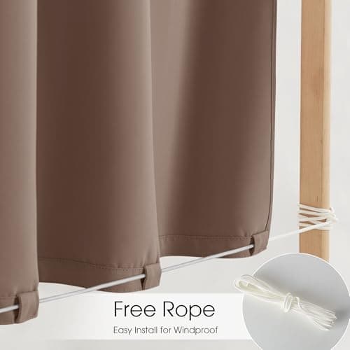 NICETOWN 2 Panels Waterproof Outdoor Curtains, Adhesive Strip Top No Rods Needed, Back Tab Bottom with Free Rope for Windproof, Weatherproof & Privacy Curtains for Patio/Porch, W52 x L108 in, Tan - Thumbnail 4
