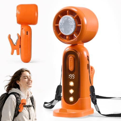 Portable Handheld Fan, Personal Mini 360° Detachable Clip on Fan, Ice Cooling, Rechargeable Turbo Fan for Desk, Hand Held Fan Up to 19H and 1-199 Speeds, Phone Holder, Outdoor & Travel (Orange)