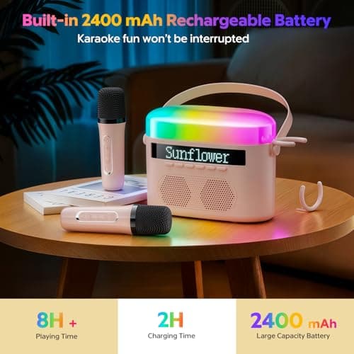 Karaoke Machine for Kids & Adults with 2 Wireless Mics 2400mAh Portable Bluetooth Karaoke Speaker with Timer White Noise & Night Light High Power Dual Speaker LED Display Home & Outdoor Party - Pink - Thumbnail 6