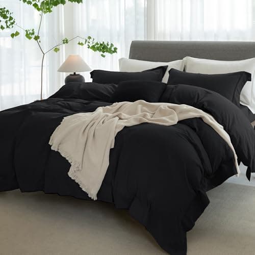 ELIMMO Cooling California King Duvet Cover Set 3 Pieces-100% Washed Cotton with Chic Wide Trim Design Linen Like Textured Ultra Soft Cozy Bedding-Zipper Closure(Hemmed Solid Black,Cal King 104"x98") - Thumbnail 2