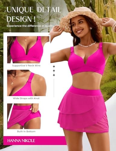 Hanna Nikole Women's Plus Size High Waisted Swimsuit Vintage Bikini Sets Mesh Layered Skirts with Brief Sporty XL Hot Pink - Thumbnail 3