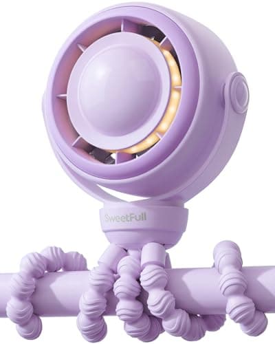 SWEETFULL Baby Stroller Fan - 4000mAh Rechargeable 4-Speed Quiet with LED Display & Night Light, Mini Portable 360° Clip On Safe Fan for Car Seat, Crib, Travel - Purple - Image 1