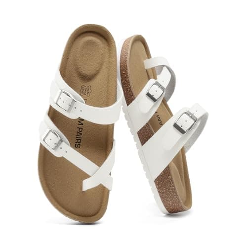 DREAM PAIRS Women's Comfortable Cork Sandals Suede Leather Insole Slides Arch Support Walking Sandals,Size 10,White,SDSS26005W - Image 1