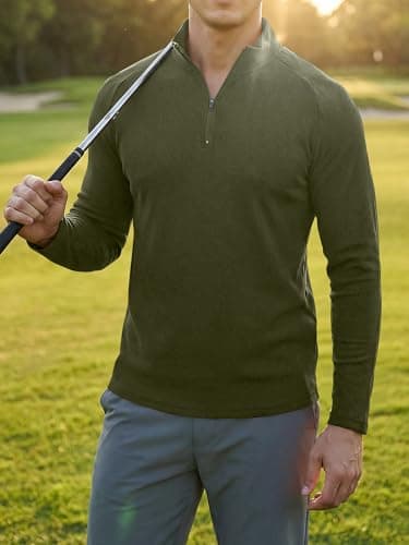 JMIERR Mens 1/4 Zip Pullover Slim Fit Ribbed Athletic Running Muscle Shirts Breathable Stretch Flexible Pullover Long Sleeve T Shirt, Small, A Jungle Green - Thumbnail 6